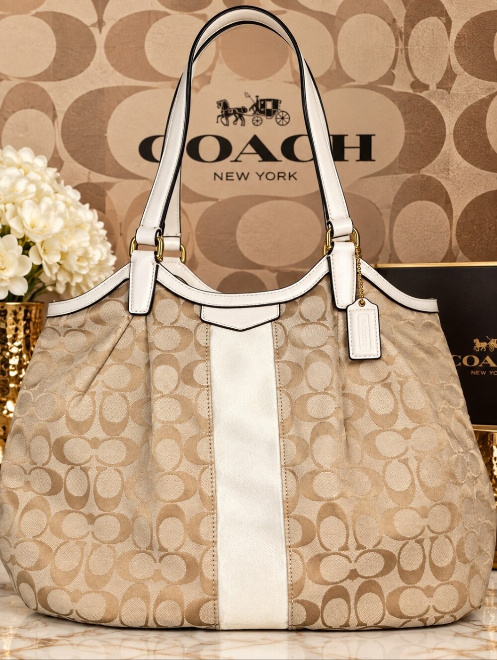 Coach Signature Stripe Devin Shoulder Bag EUC